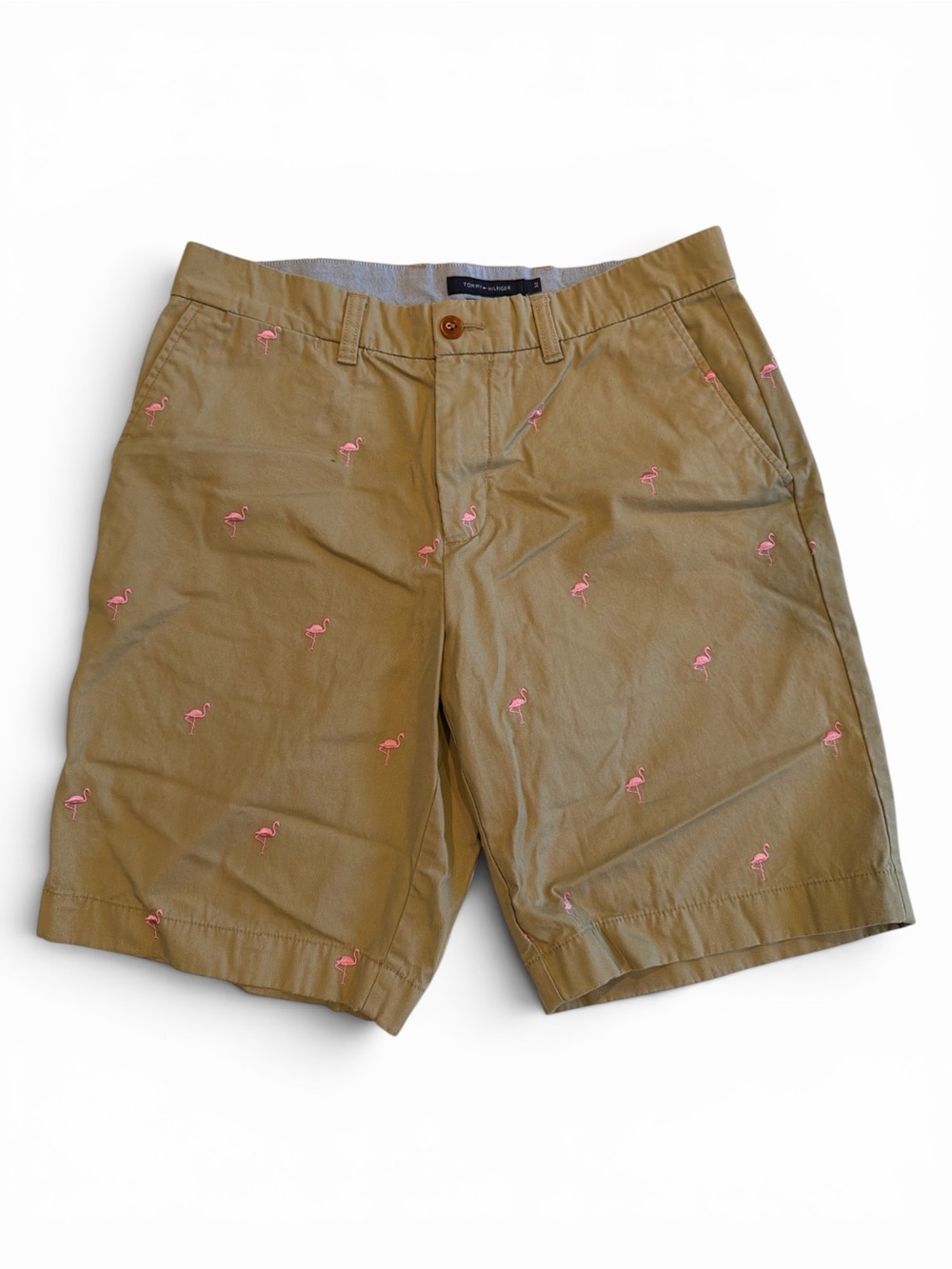 Tommy Hilfiger Khaki Shorts with Pink Flamingo Embroidery